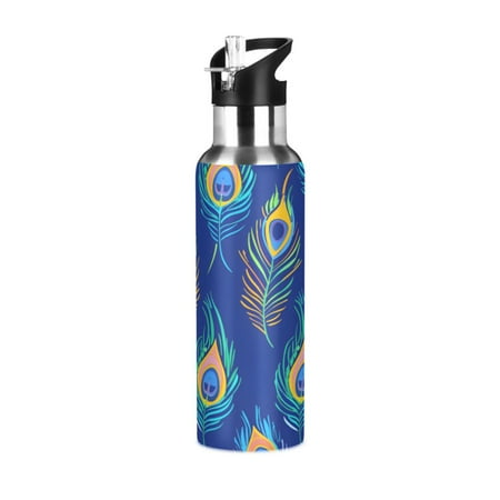 

ALAZA Artistic Peacock Feathers Water Bottle Insulated Flask Stainless Steel Straw Lid 20 oz