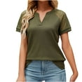 thumbnail image 2 of Usmixi Womens Summer Tops Short Sleeve V-Neck Solid Shirts Sexy Lace Trim Soft Knitted Waffle Tunic Blouse Army Green M, 2 of 4