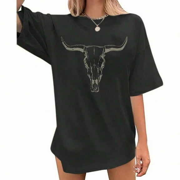 Western Cow Skull Shirts For Women Oversized Cowgirl T Shirt Country Graphic Tees Vintage Rodeo Tshirts Casual Tops