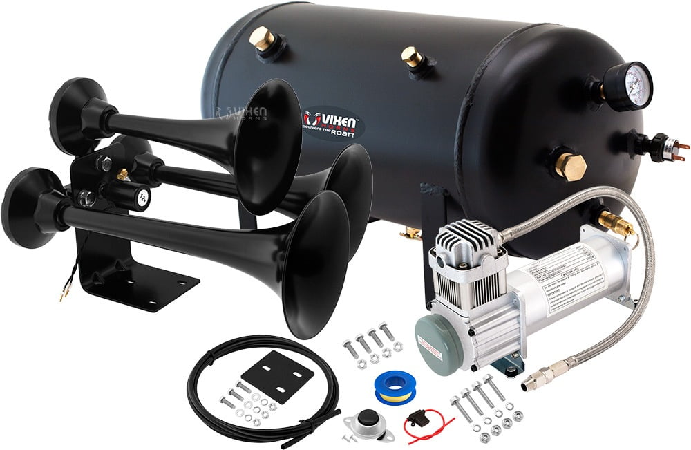 Vixen Horns Train Horn Kit For Trucks/Car/Semi. Complete Onboard System- 200psi Air Compressor, 2.5 Gallon Tank, 3 Trumpets W/Covers. Loud. Fits Vehicles Like Pickup/Jeep/RV/SUV 12v VXO8325/3311B/P