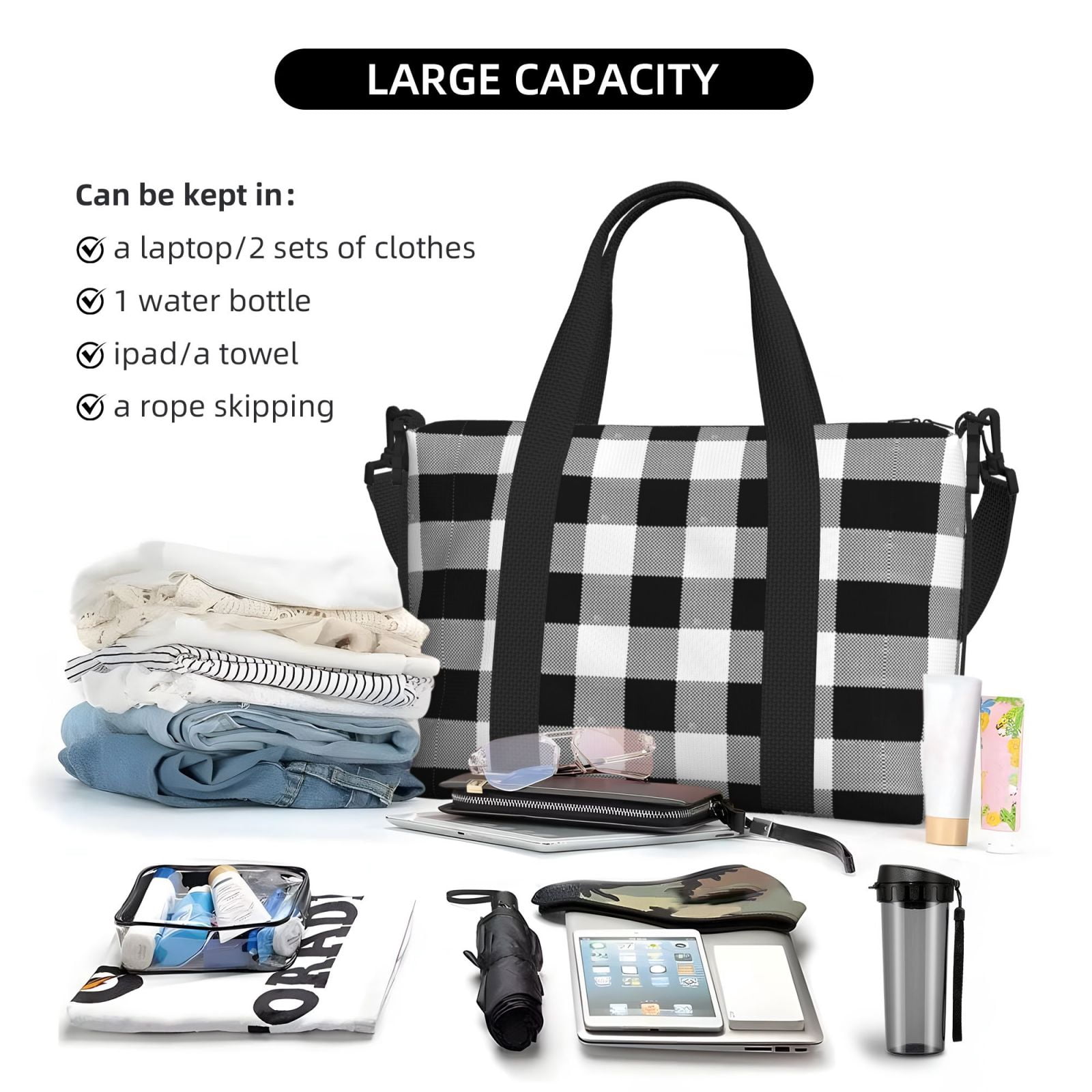 Travel Duffel Bag Black White Plaid Sports Tote Gym Bag Shoulder Weekender Overnight Bag For Women Men