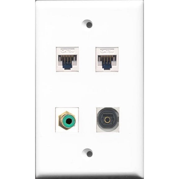 RiteAV - 1 Port RCA Green and 1 Port Toslink 2 Port Cat5e Ethernet White Wall Plate