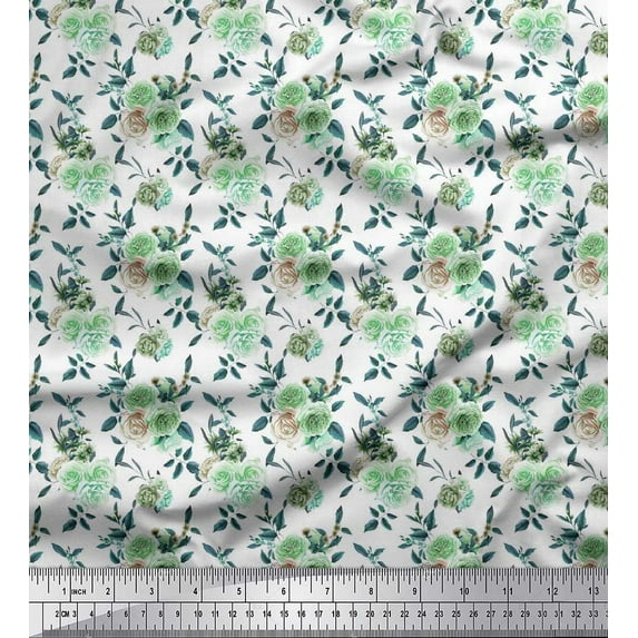 Soimoi Green Poly Georgette Fabric Leaves & Rose Flower Printed Fabric 1 Yard 52 Inch Wide