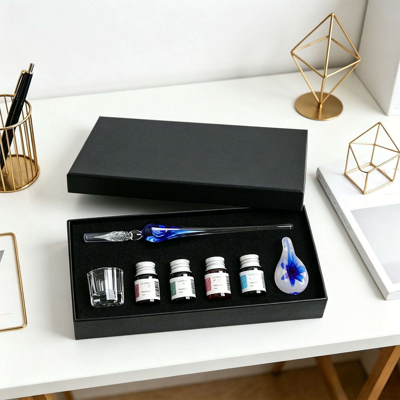 Xheghe Crystal Glass Pen Set with Ink Bottles, Brush Washing Cup & Pen Rack - Ideal Gift for Writers and Professionals