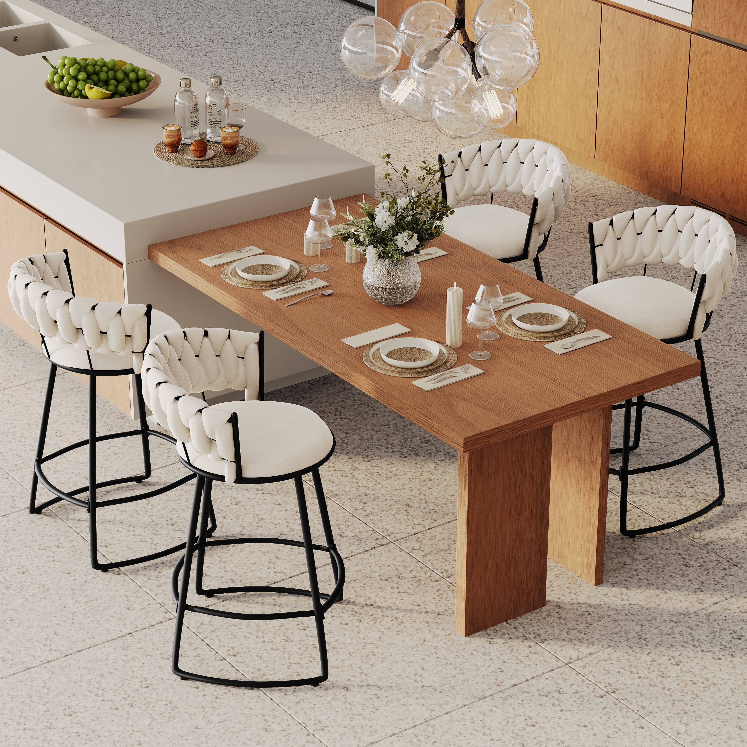Andeworld 24'' Barstools set of 4, Modern Velvet Bar Stools with Woven Back, Counter Height Barstools with Upholstered Seating, U-Footrest, Ivory