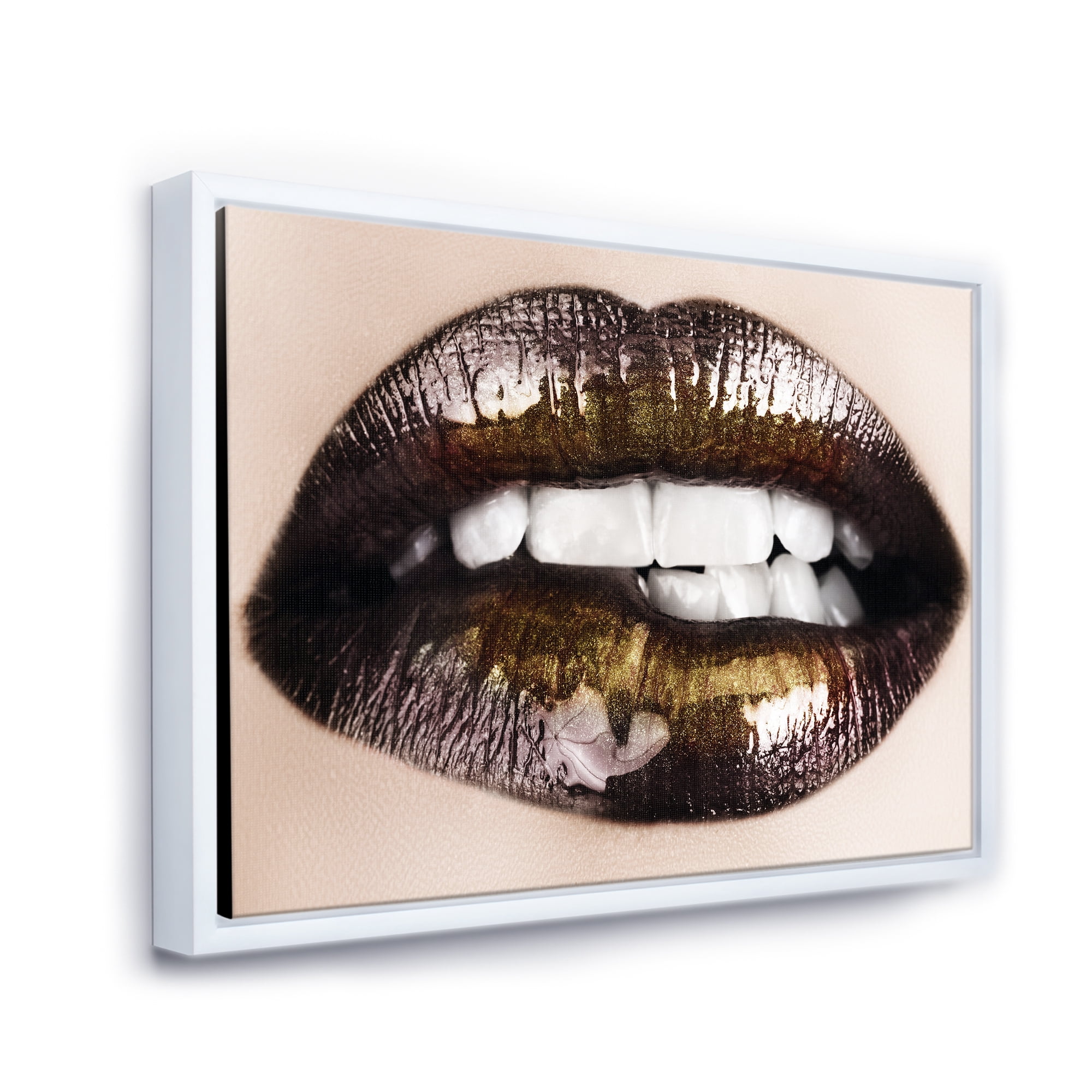 Designart 'Gold Black Lips Biting' Modern Framed Canvas Wall Art Print