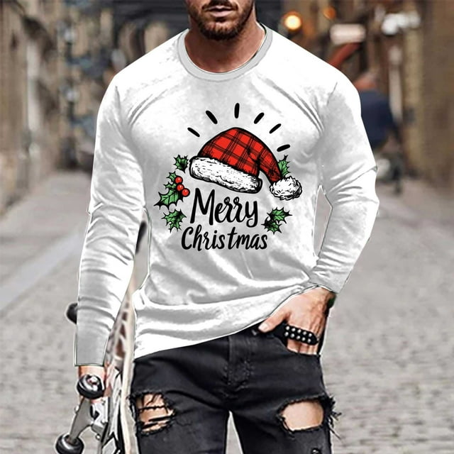 Blusas y camisas de manga larga y cuello redondo para hombre, informales, con estampado navideño, deportivas, de poliéster.
