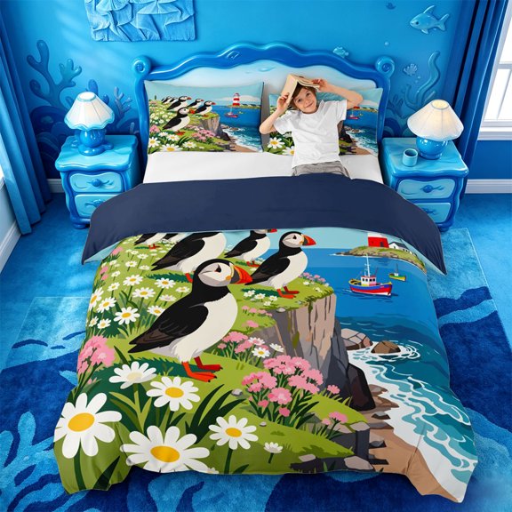 jejeloiu Scenic Coastal Puffin Bedding,Lighthouse Floral Landscape Duvet Cover Full For Boys,Green Blue,Navy Blue Reversible,3-Piece,1 Duvet Cover and 2 Pillowcases