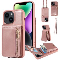 Feishell for iPhone 14 Crossbody Wallet Phone Case with Hand Strap & Shoulder Strap,Premium PU Leather RFID Blocking Card Slots Zipper Pocket Back Purse Kickstand Phone Case,Rosegold