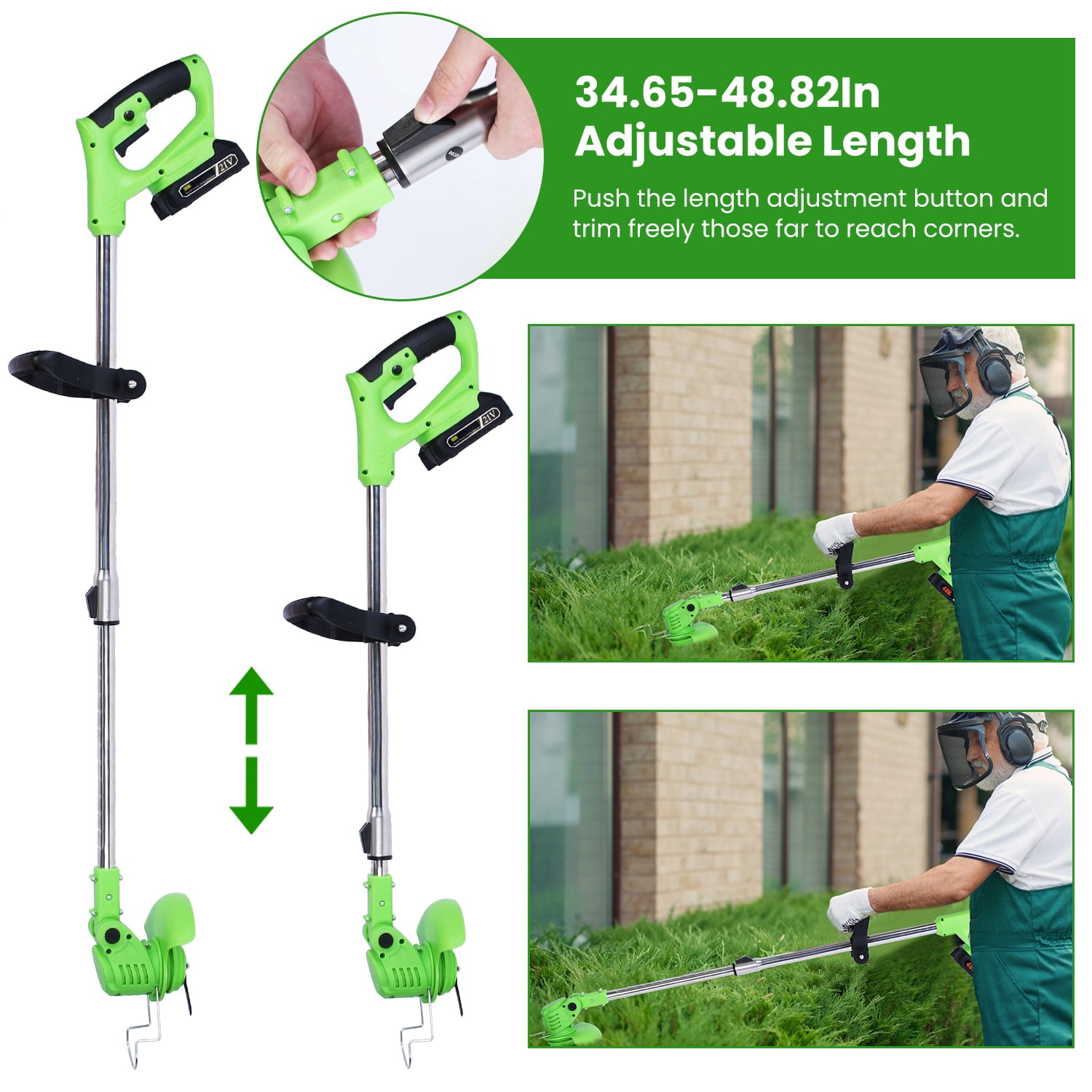 21V 300W Cordless Grass Trimmer Rechargeable Lawn Mower 18000M/Min Weed Cutter with Saw Blade 2 Stainless Steel Blades 10 Plastic Blades 2 Rechargeable Batteries Goggles Gloves