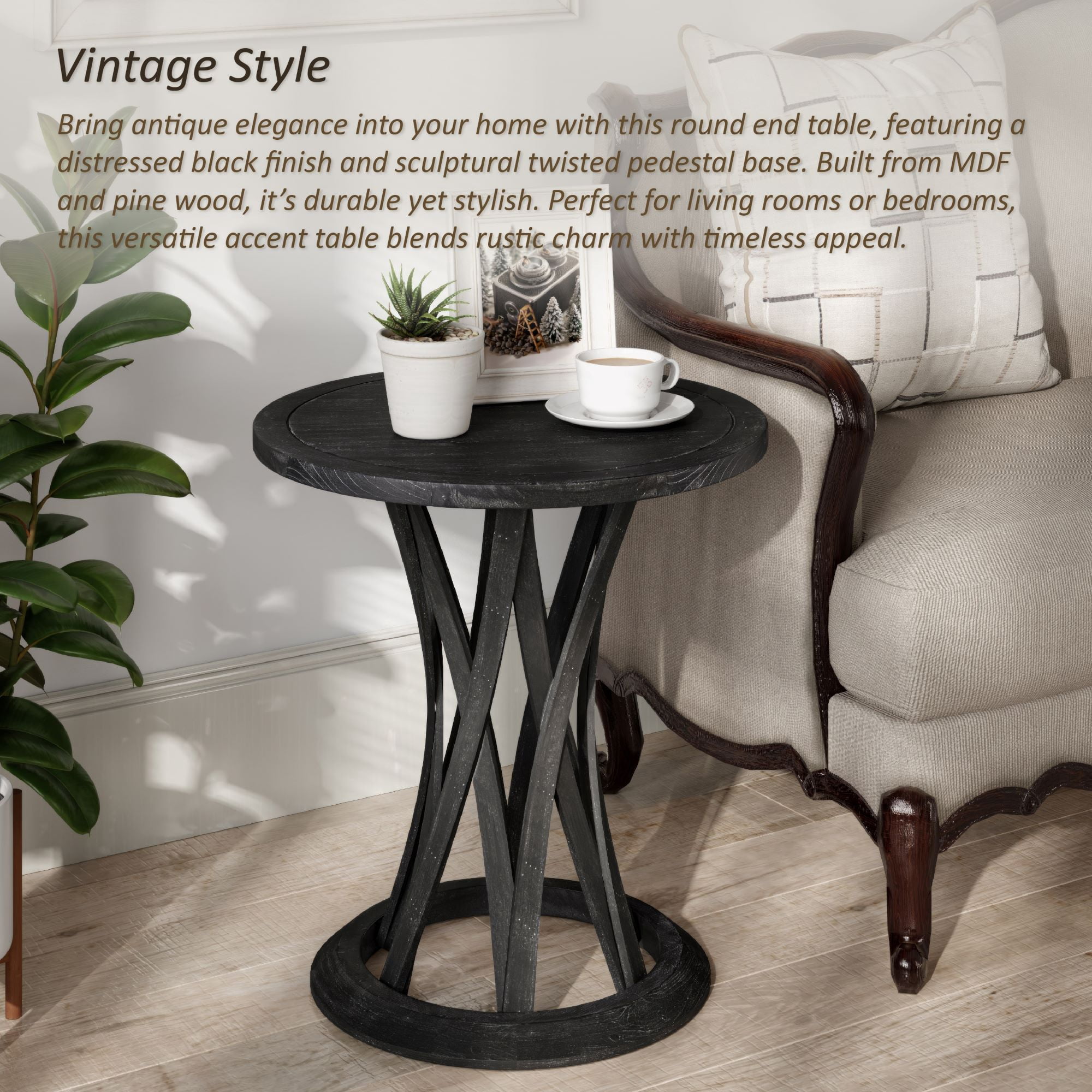 COZAYH Round Farmhouse End Table with Crisscross Pedestal Base, Distressed Finish Side Table Rustic Accent Table for Living Room, Pine Wood, Black