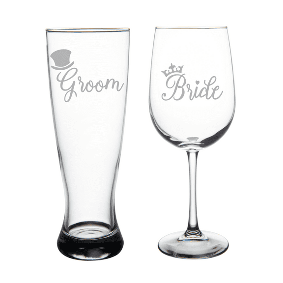 C&M Personal Gifts Groom with Top Hat 23 oz. Beer Pilsner and Bride with Crown 19 oz. Wine Glass - Wedding Glass Set - Anniversary - Engagement
