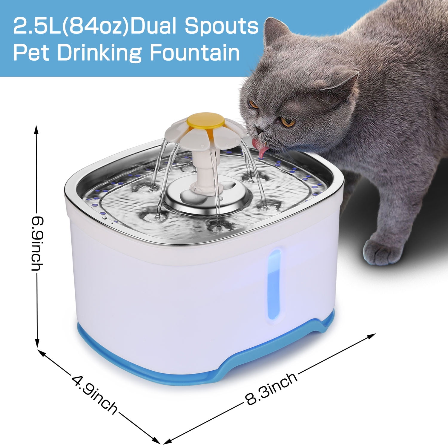 Ownpets 2.5l Cat Water Fountain Led Light Pet Dog Drinking Bowl Triple Filter