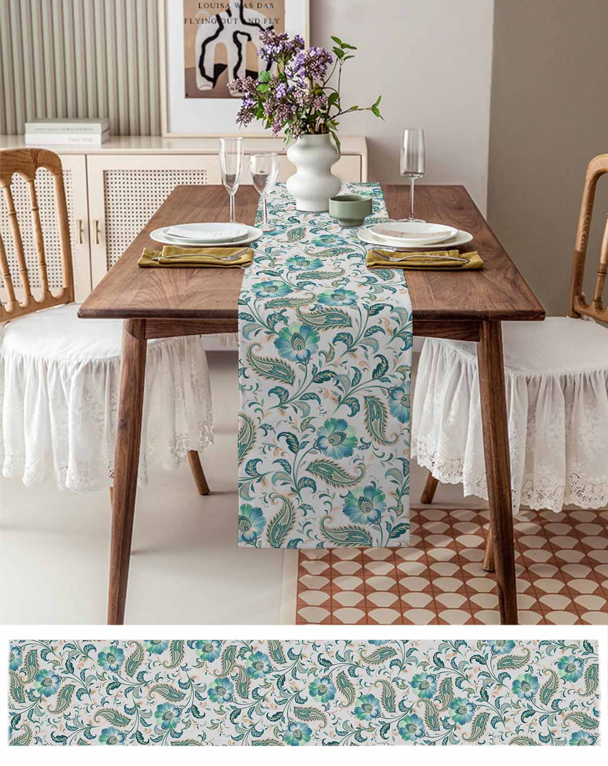 Teal Paisley Floral Table Runner 48 Inches, Boho Ethnic Tribe Traditional Bed Runner Dresser Scarves Tabletop for Indoor Outdoor Parties/Ceremony/Banquet, 13" x 48"