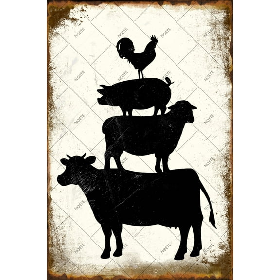 Noete Farm Animals Metal Tin Signs 8x12 Inch, Vintage Rustic Wall Art Decor with Stacked Cattle, Sheep, Cow & Pig Perfect for Home, Living Room, Bedroom, Office, Cafe