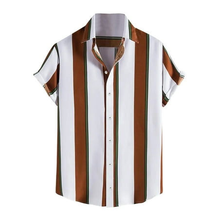 UVEASISHA Mens Bowling Shirts Big and Tall Men s Short Sleeve Button Down Striped Shirts Hawaiian Casual Colorblock Print Beach Shirt Summer Top 2025 Brown XL