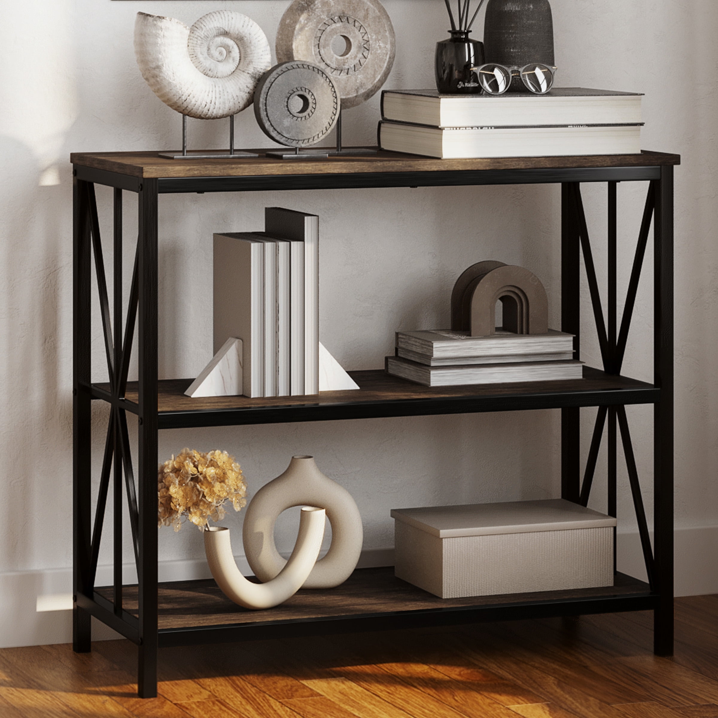 Lavish Home 3-Tier Bookshelf Set – Set of 2 Wooden Shelves, Brown Woodgrain