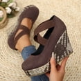 thumbnail image 2 of Women's Closed Toe Wedge Sandals for Women Trendy Round Toe Faux Suede Crisscross Elastic Strap Shoes Comfortable Espadrille Wedge Platform Sandals Fashion Plus Size Wide Width Brown Shoes for Women, 2 of 10