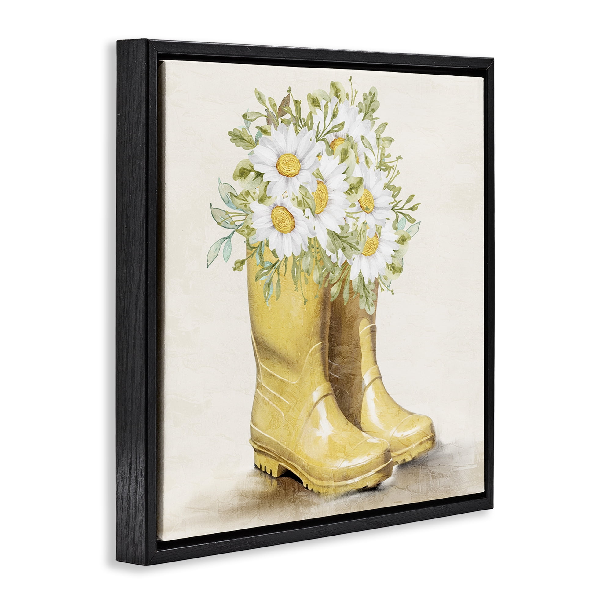 Stupell Industries Sunny Garden Boots Botanical & Floral Painting Black Floater Framed Canvas Art Print Wall Art, 25 x 25