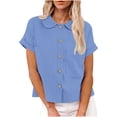 thumbnail image 4 of Ashirexll Chemises à Manches Courtes pour Femmes, Mode Couleur Unie Décontractée Col à Revers avec Cordon Élastique Manches Courtes, 4 of 7