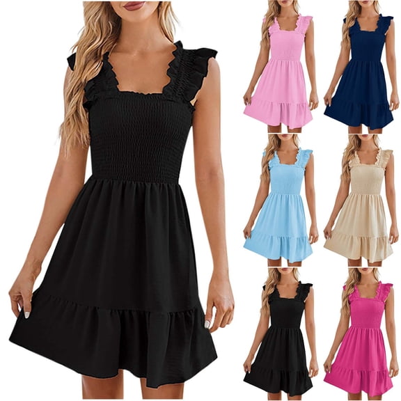 Ashirexll Womens Summer Dresses, Casual Dresses for Women, Fashion Solid Color Round Neck Sleeveless Flounce Hem Dress