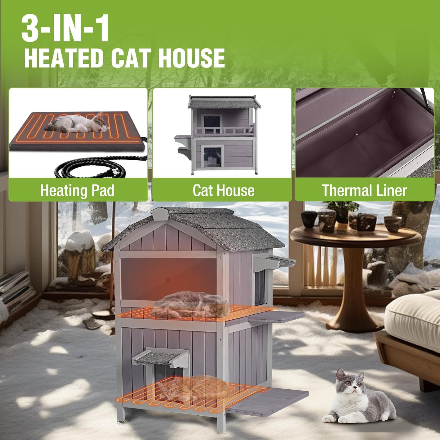 Aivituvin 2-Story Heated Cat House for Outside Large Insulated Cat House Outdoor Weatherproof Feral Cat Shelter with Heated Pad, Insulated All-Round Thermal Liner for 1-4 Cats