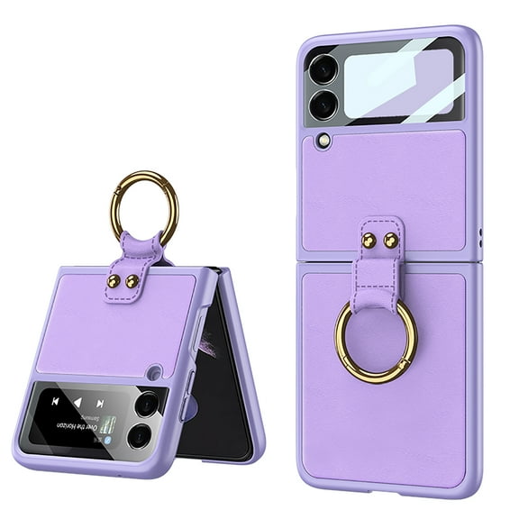 SaniMore Case for Samsung Galaxy Z Flip 3, with Ring Holder Kickstand 180° Folding Ultra-Thin PU Leather [Comes with Rear Screen Tempered Film] Shockproof Shell for Galaxy Z Flip 3, Purple