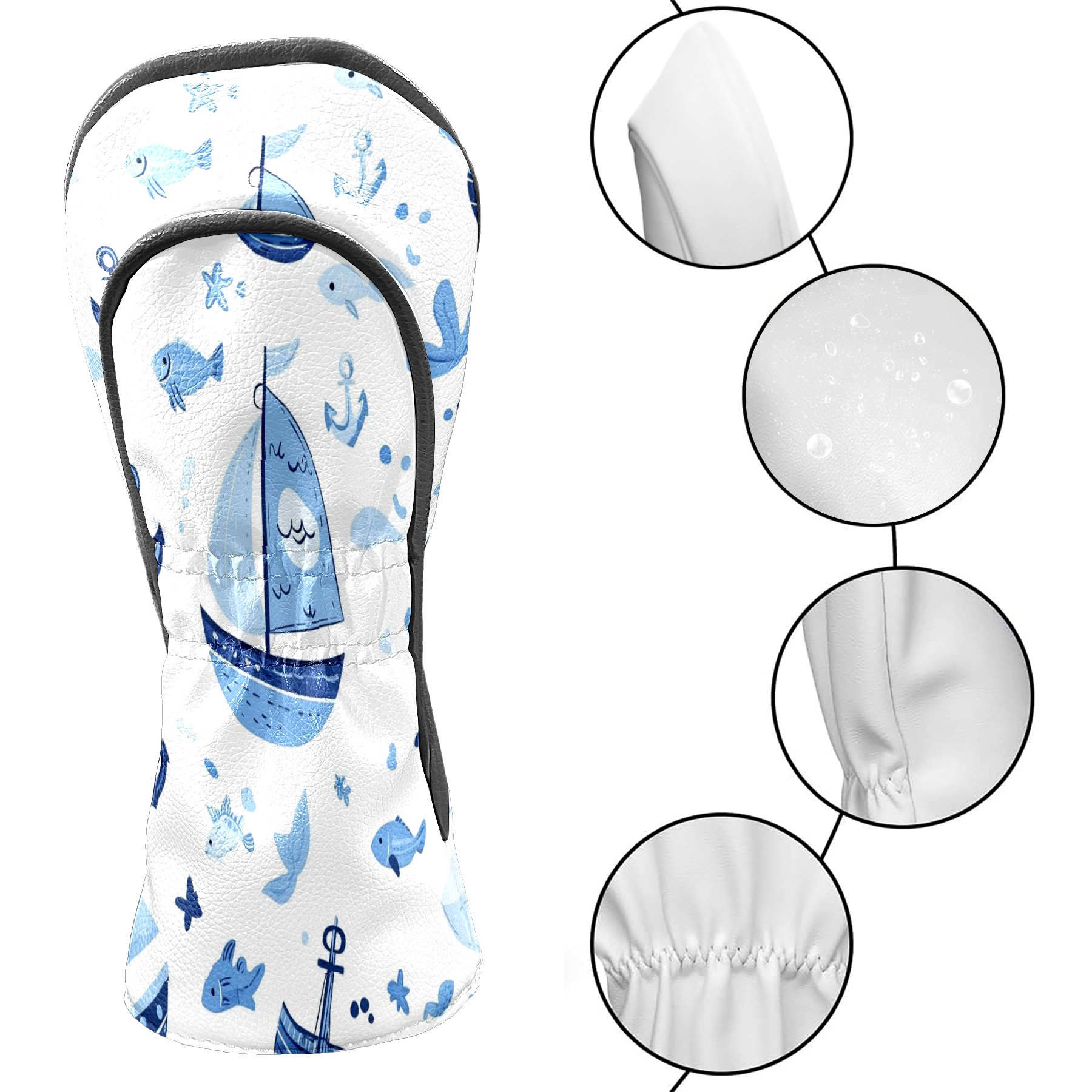 Golf Head Covers Blue Sailboat Pattern for Driver, Wood & Hybrid, Premium Waterproof PU Leather with Plush Lining, Nautical Golf Gifts