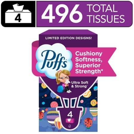 Puffs Ultra Soft Facial Tissues, Back-to-School Exculsive, 4 Rectangle Boxes, 124 Facial Tissues Per Box