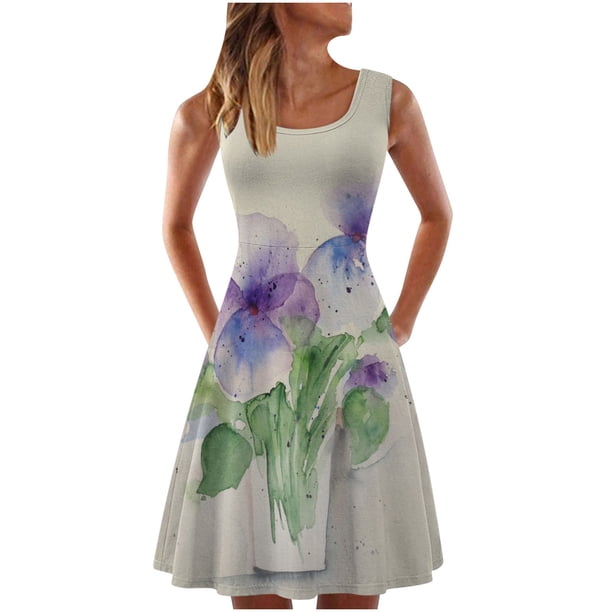 Vestido sin mangas informal sin mangas para mujer, vestido con cuello redondo y estampado floral de verano para la playa Pompotops ghjkhdj1605