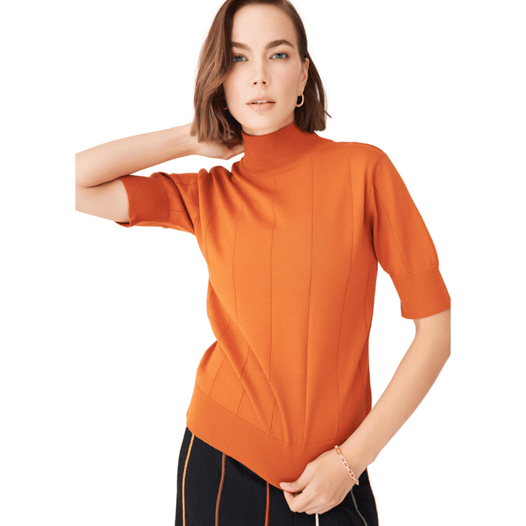 Peraluna Turtleneck Short Sleeve Slim Basic Women s Knitwear Blouse S Dark Orange