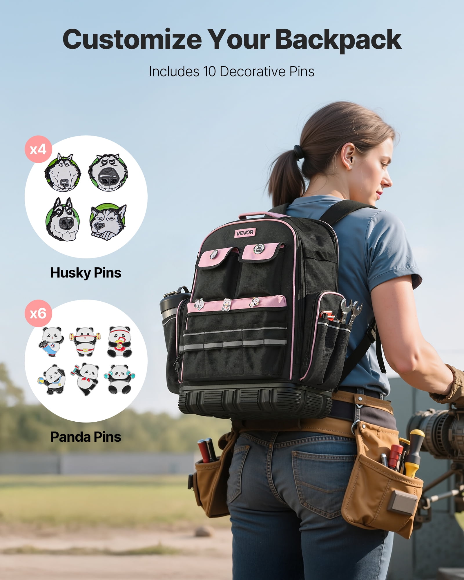VEVOR Tool Backpack, 56 Pockets, Heavy-duty Tools Storage Organizer Work Bags with Laptop Compartment & Molded Base, Electrician Jobsite Backpack for Electrician, Repairman, and HVAC Techs