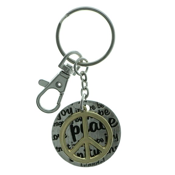 Silver-Tone Medallion With Peace & Joy Gold-Tone Peace Sign Keychain