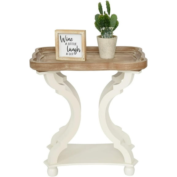Kinbor Accent Wood Farmhouse End Table Side Tables Nightstand Natural Tray Top and Legs, White