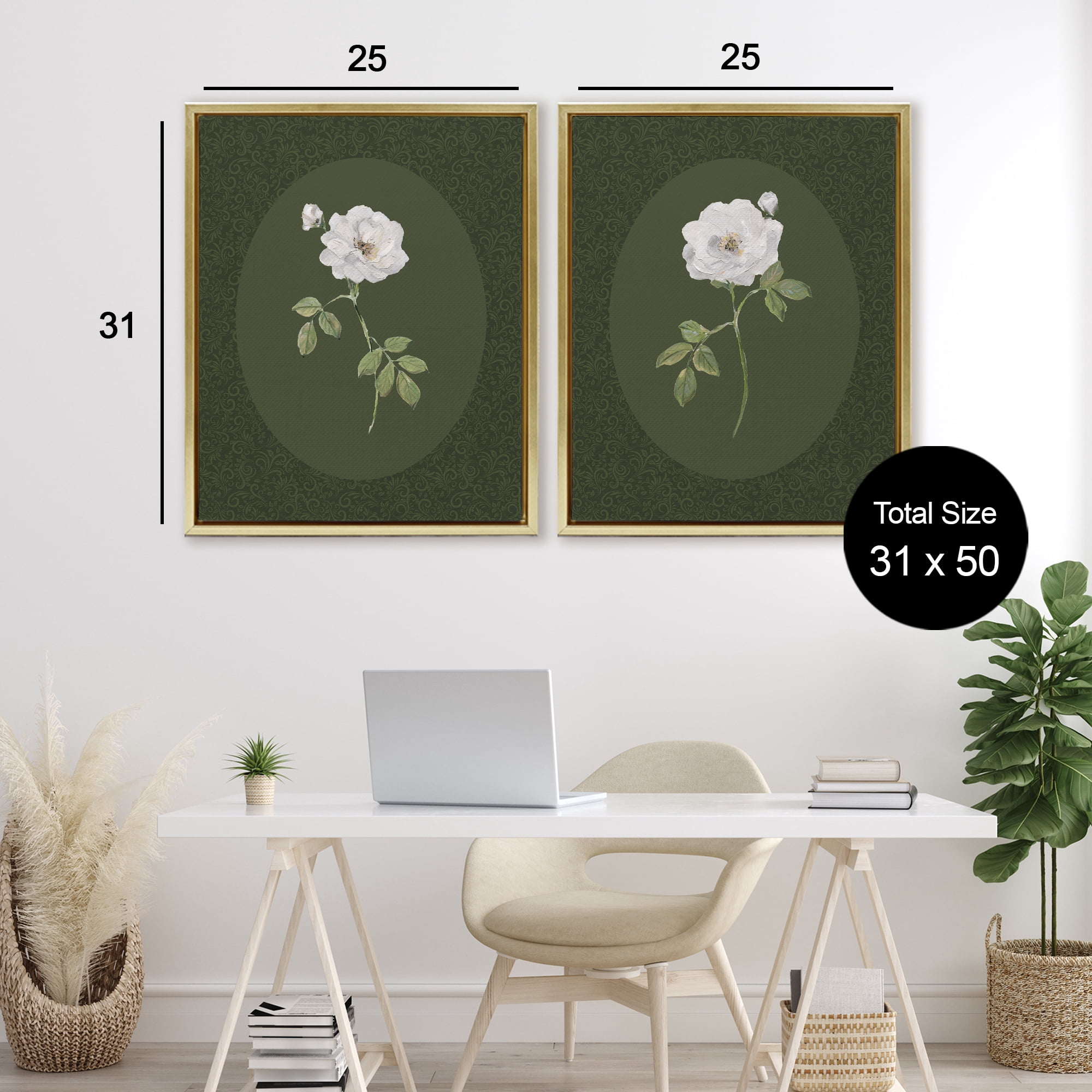 Stupell Industries Ornate Rose Studies over Emerald 2 Piece Gold Framed Floater Canvas Set, design by Sally Swatland