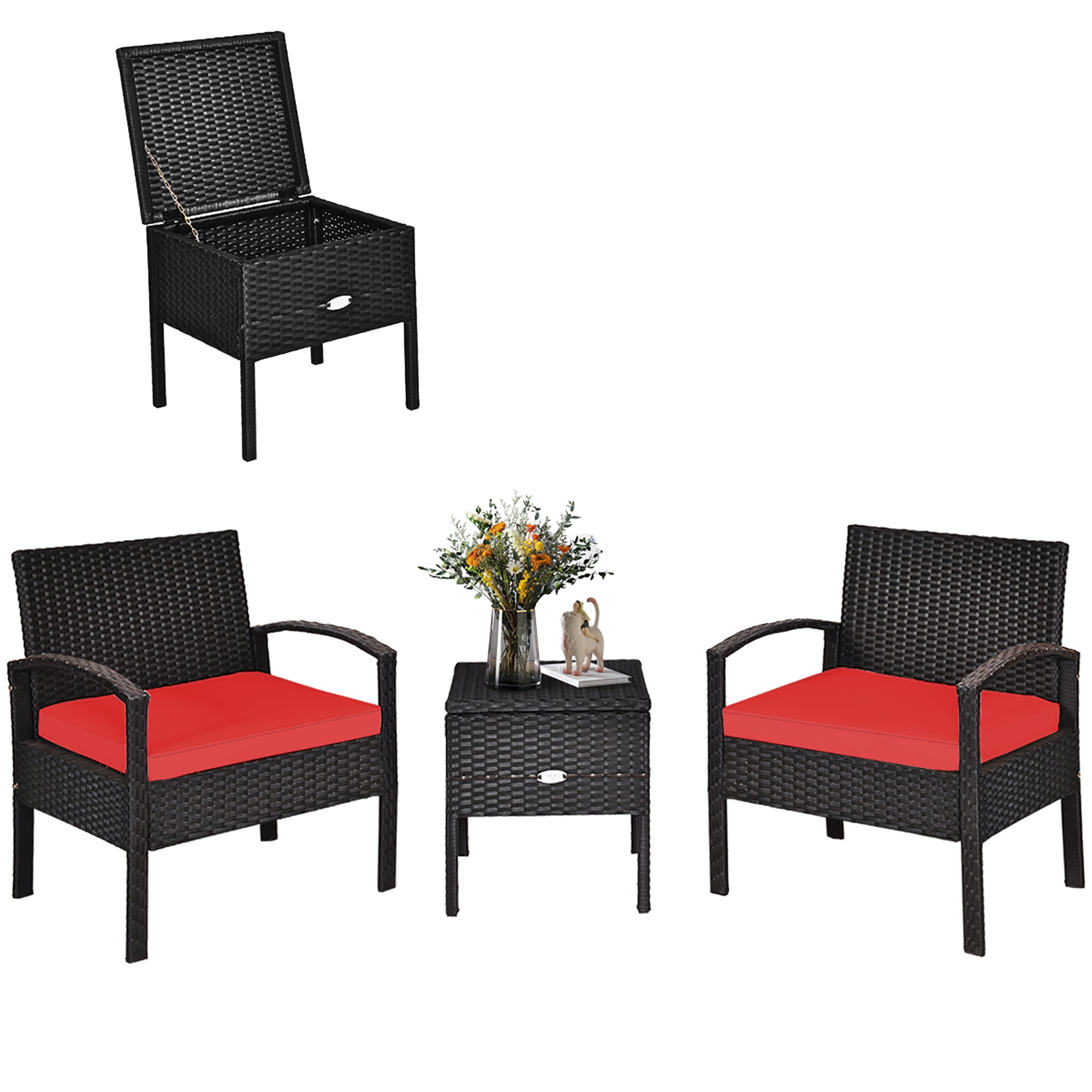 Costway 3PCS Patio Rattan Furniture Set Storage Table Cushioned Sofa Deck Red