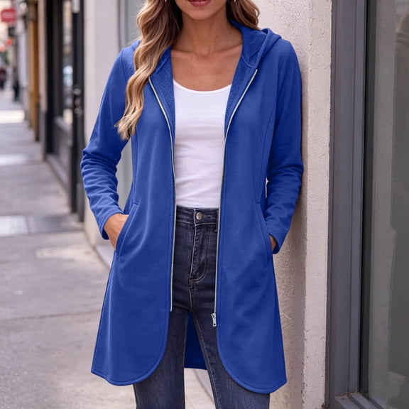 BRGZLK Womens Long Hoodies 2026 Zip Up Long Sleeve Sweatshirts Oversized Casual Comfy Streetwaer Travel Coat Lightweight Workout Fall Jackets for Women Dark Blue XL