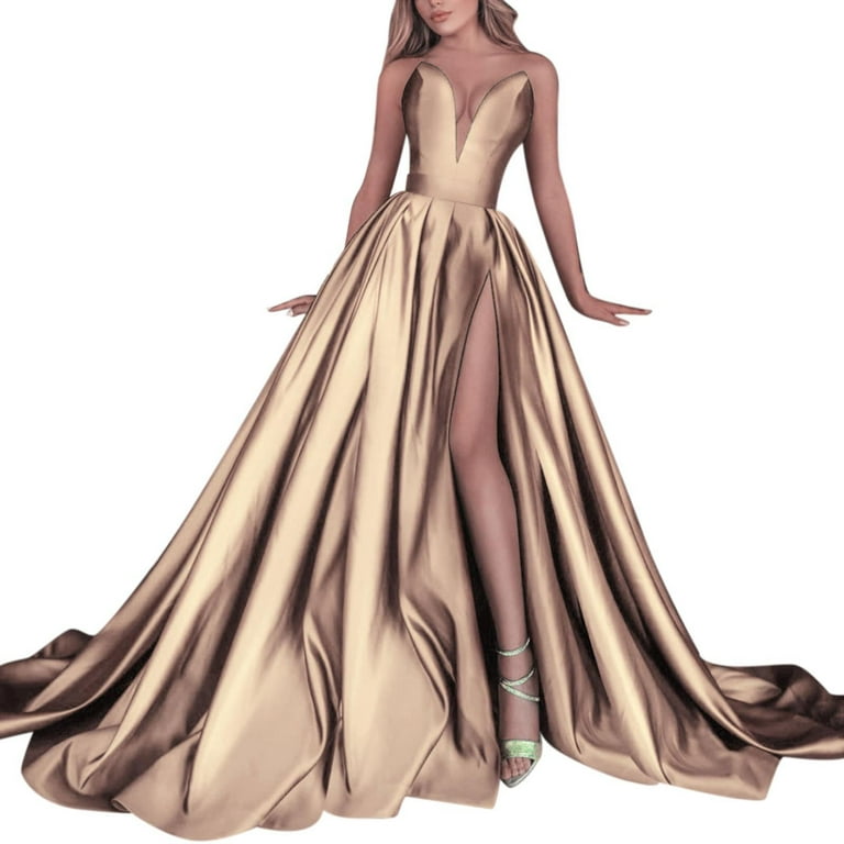 eileial Women's Lace Applique Beach Wedding Dresses for Bride Tulle Bridal  Dress V Neck Wedding Gowns with Slit(Gold,L) - Walmart.com