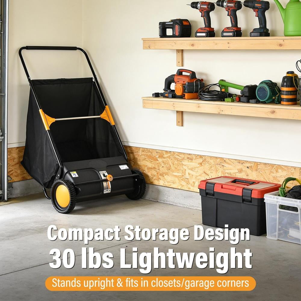 Upgraded 26 Inch Push Lawn Sweeper | Spinnings Brushes & Adjustable Height for Deep Cleaning | Large Bag for Leaves, Grass, Debris on Lawns & Driveways (26 Inch,Black)