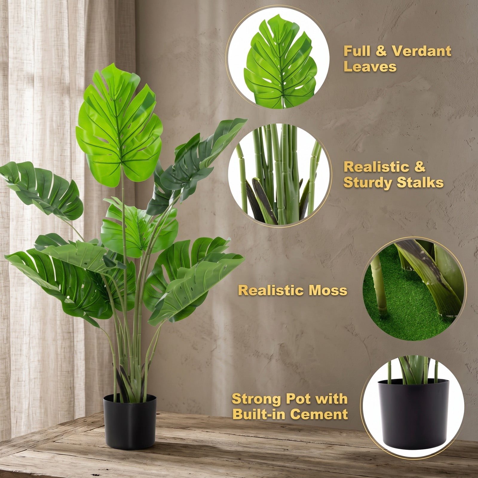 ALPULON 4 Feet Artificial Monstera Deliciosa Tree with 10 Different-Sized Leaves, Faux Tropical Plant with Cement-Filled Pot for Indoor Outdoor Home Office Decor, Green