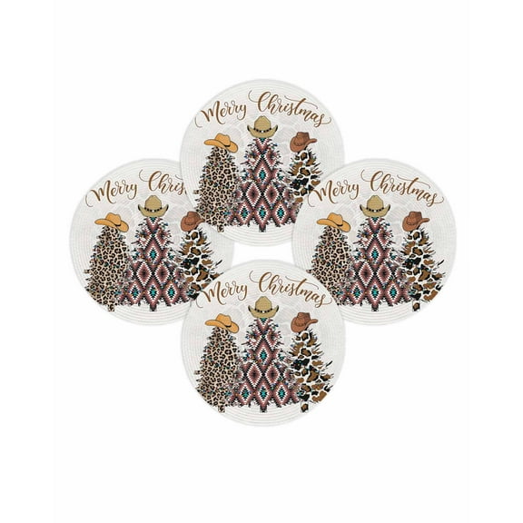 Christmas Round Placemats Set of 4 Western Christmas Tree Place Mats Washable Woven Placemat Western Cowboy Hat Circle Braided Table Mat for Kitchen Dining Table Party Home Decor 15 Inch