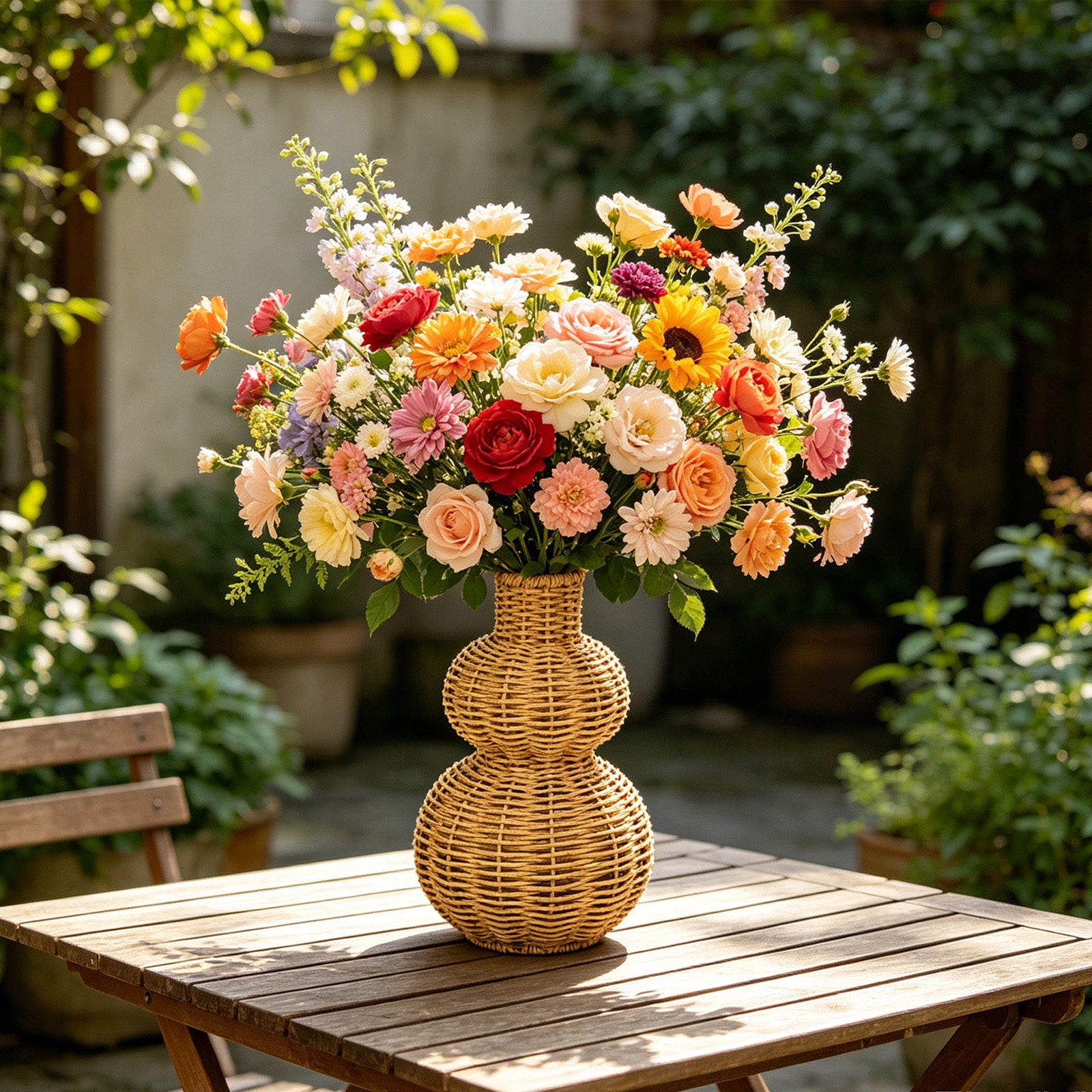 Partheme Wicker Style Weave Gourd Flower Vase, Imitation Rattan Floral Arrangement Box, Smooth Edges for Fresh or Dried Flowers, Living Room Coffee Table Balcony Café Decor Ornament, Beige