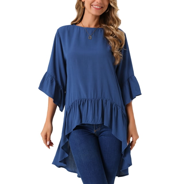 INSPIRAR CHIC Blusas Asimétricas de Mujer con Mangas de Campana 3/4, Cuello Redondo, Espalda con Abertura, Dobladillo con Volantes, Talla 2XL, Azul Oscuro