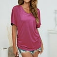 thumbnail image 5 of LOVZFMLL Women's T-Shirts Short Sleeve V Neck Tops with Side Shirring Loose Fit Shirts Summer Casual Solid Basic Tees Hot Pink S, 5 of 6