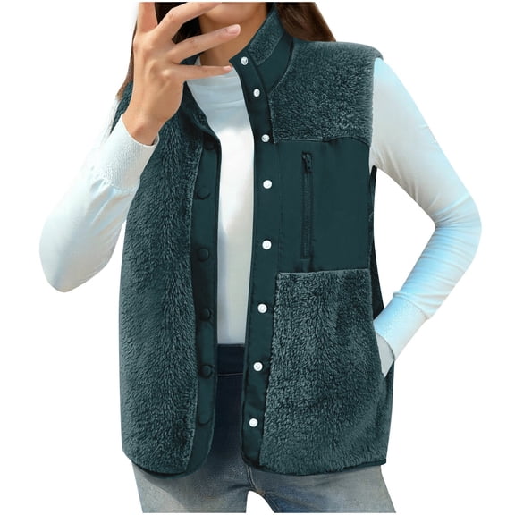 Women's Sleeveless Faux Fur Vest, Stand Collar Patchwork Jacket, Lightweight Fleece Vest with 3 Pockets, Casual Commute Vest, Button Front Vest Blackish Green L