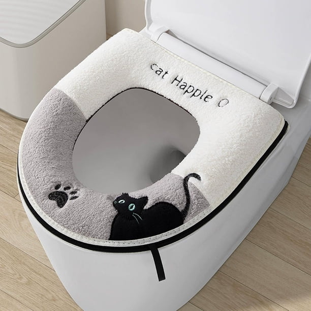 Funda de asiento de inodoro de felpa con diseño de gato negro | Almohadilla de asiento de inodoro suave y cálida | Accesorio de baño impermeable de invierno para inodoros con forma de O/V/U