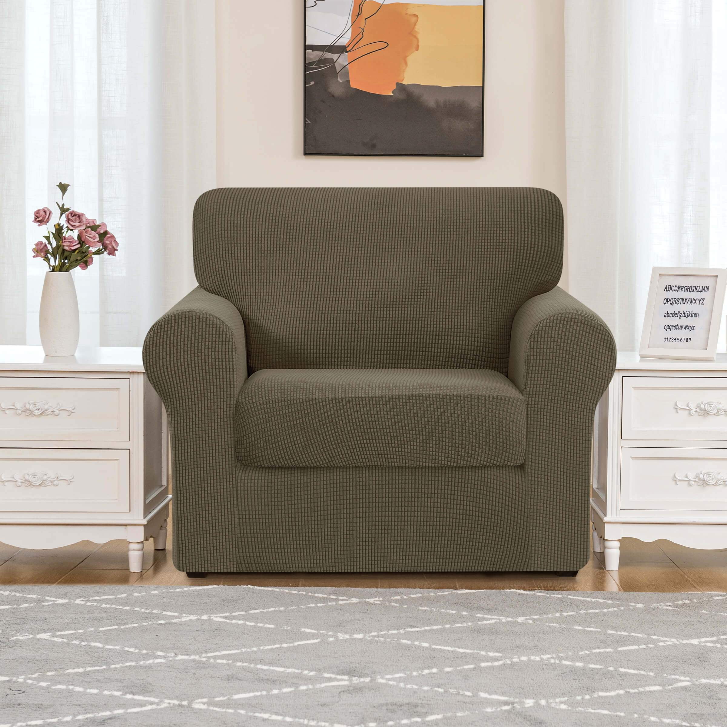 Subrtex Sofa Slipcover Sets 3 Pieces Stretch Couch Cover Backrest Cushion Covers (Armchair, Olive Green)