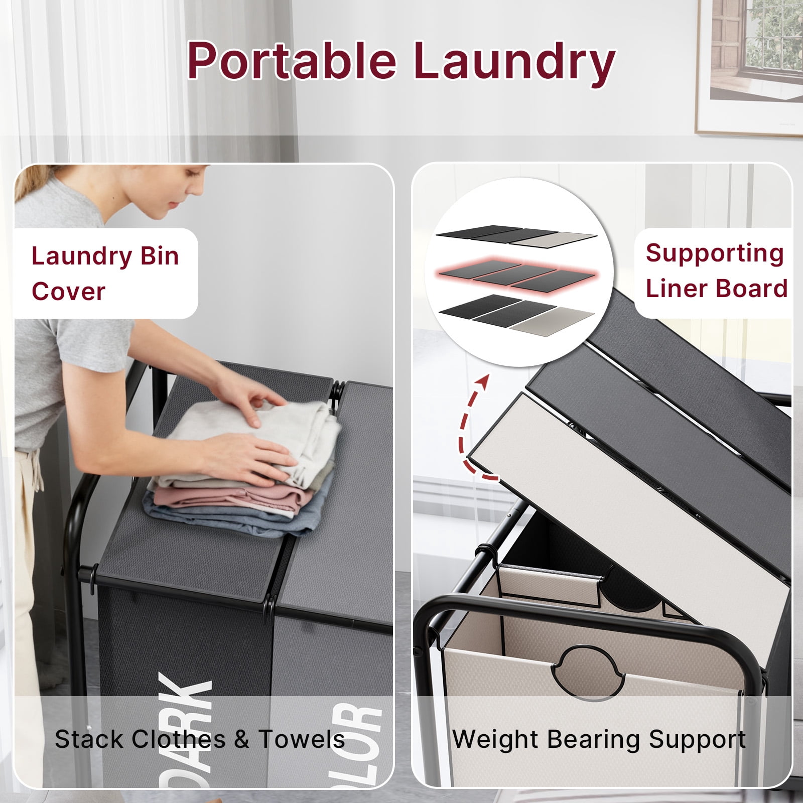 180L (47.55 Gal) Laundry Sorter 3 Section, Rolling Laundry Basket with Lockable Wheels and Lid, Laundry Hamper with 3 Separated Removable Bags Dirty Clothes Hamper for Laundry Room, Multicolored