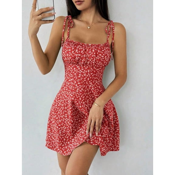Women's Spaghetti Strap Tie-Up Ditsy Floral Mini Dress