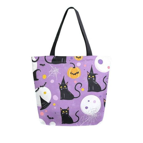 FORMRS Womens Canvas Tote Bag with Zipper Inner Pocket Shoulder Handbag, Purple Halloween Pattern